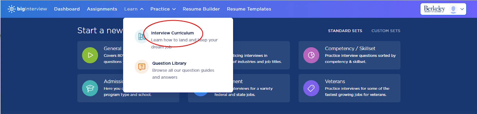 Screenshot of BigInterviews website with circled "Interview Curriculum"