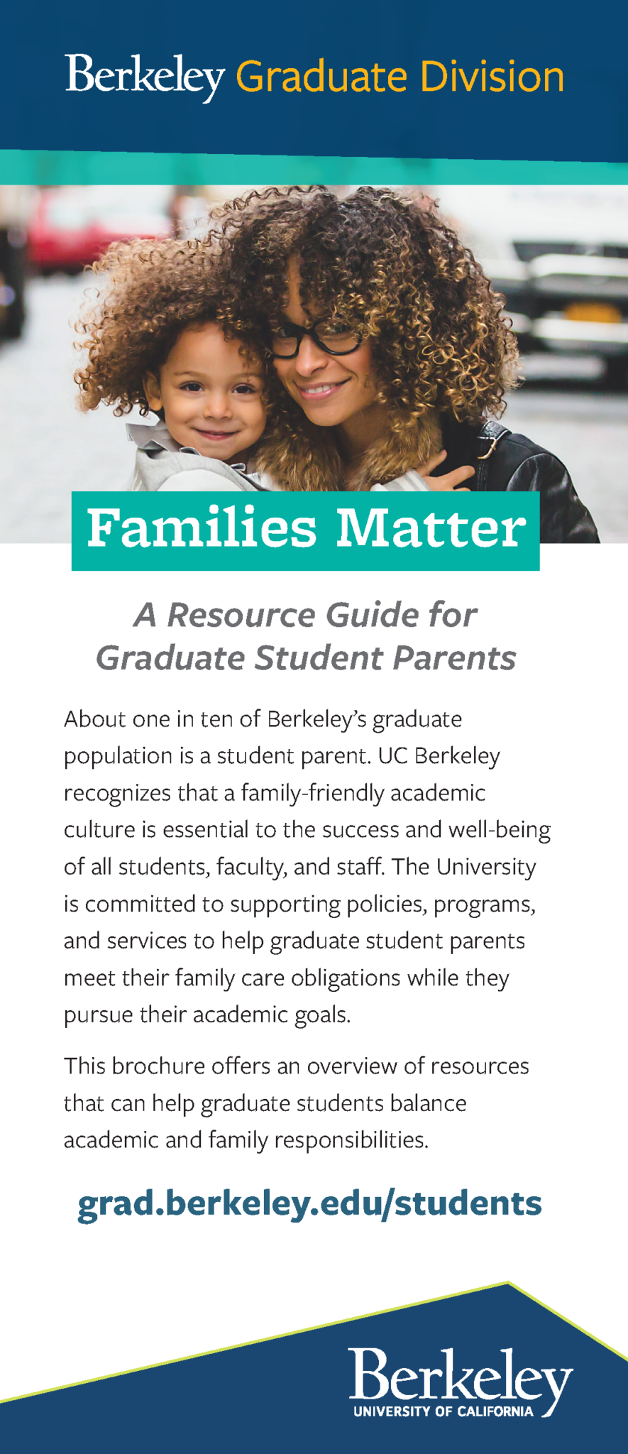 image of front of Families Matter brochure, with Berkeley Graduate Division logo and photo of parent and child smiling