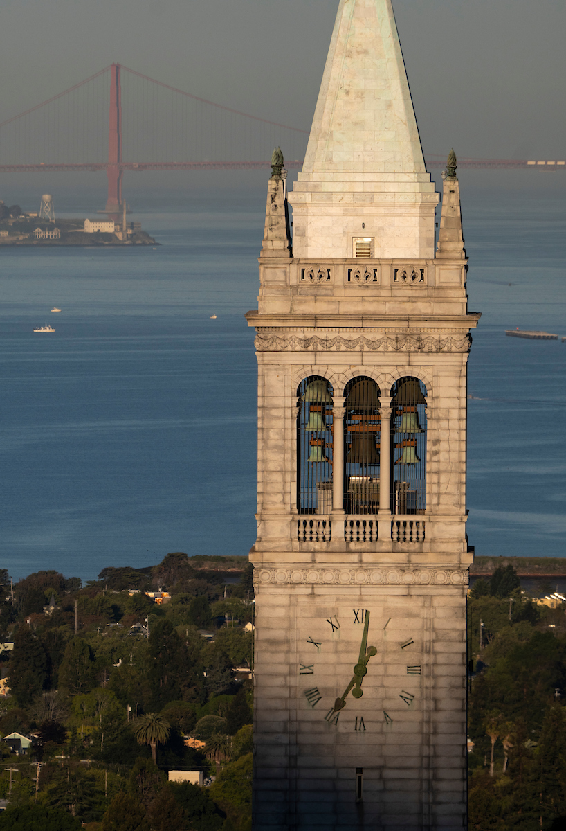 view from campanile tower towards san francisco, golden gate bridge in background.