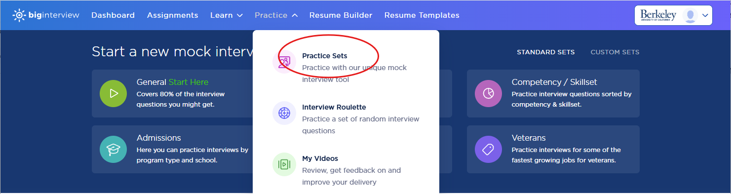 Screenshot of biginterviews website; circled "Practice Sets"