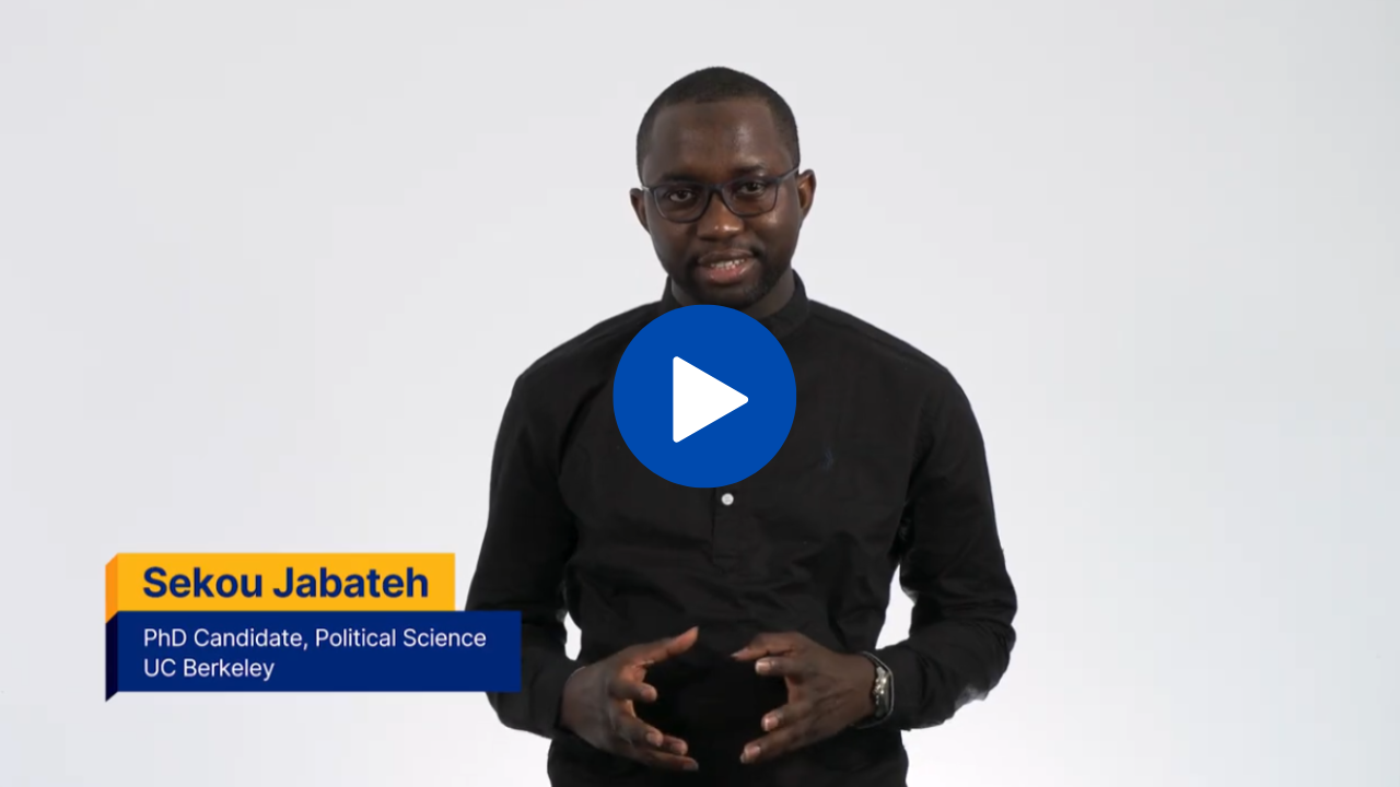 Sekou Jabateh speaking with a play icon, his name and program of study displayed over the photo