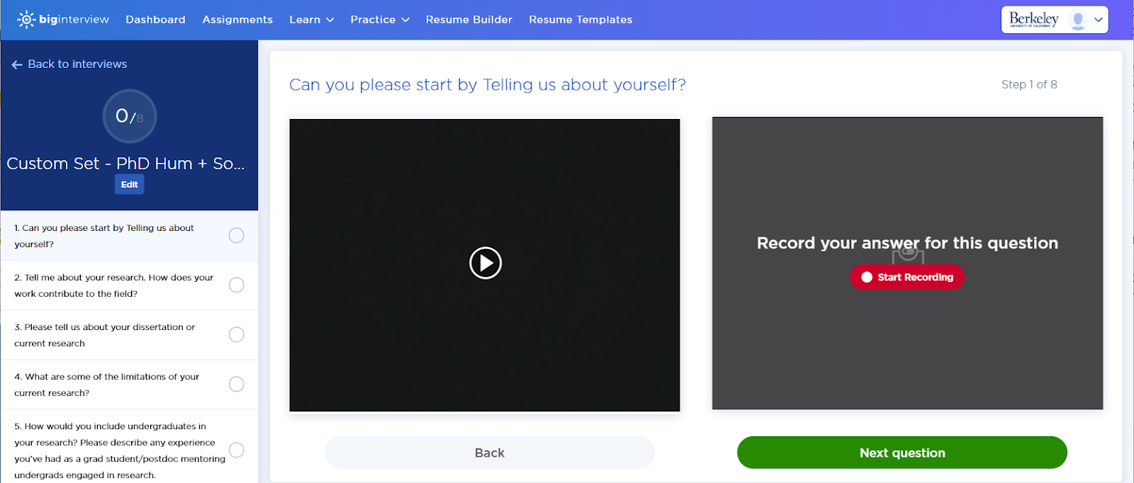 Screenshot of biginterview website's recording response feature