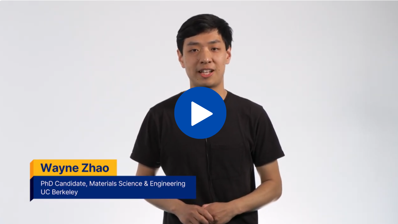 Wayne Zhao speaking with a play icon, his name and program of study displayed over the photo