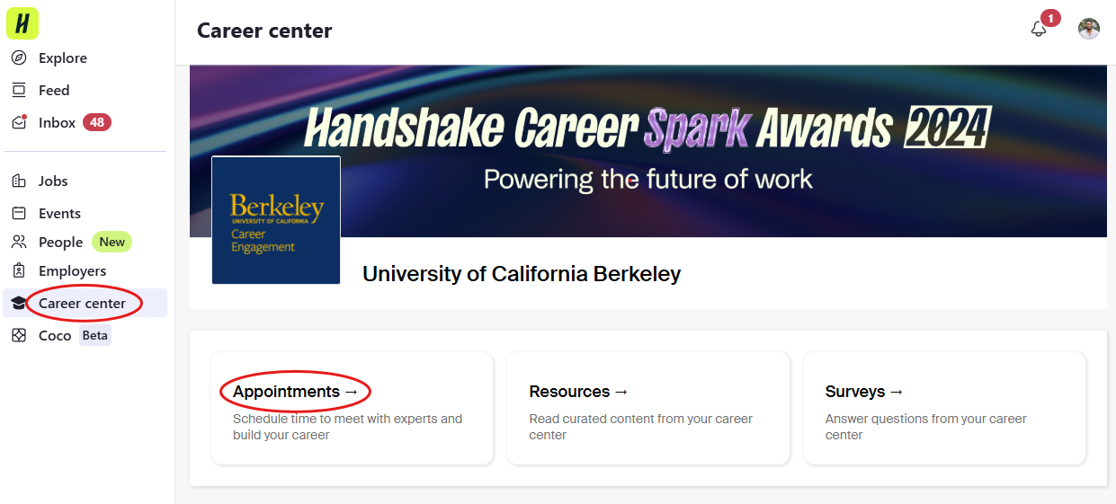 Screenshot of Berkeley handshake's website circled "Appointments"