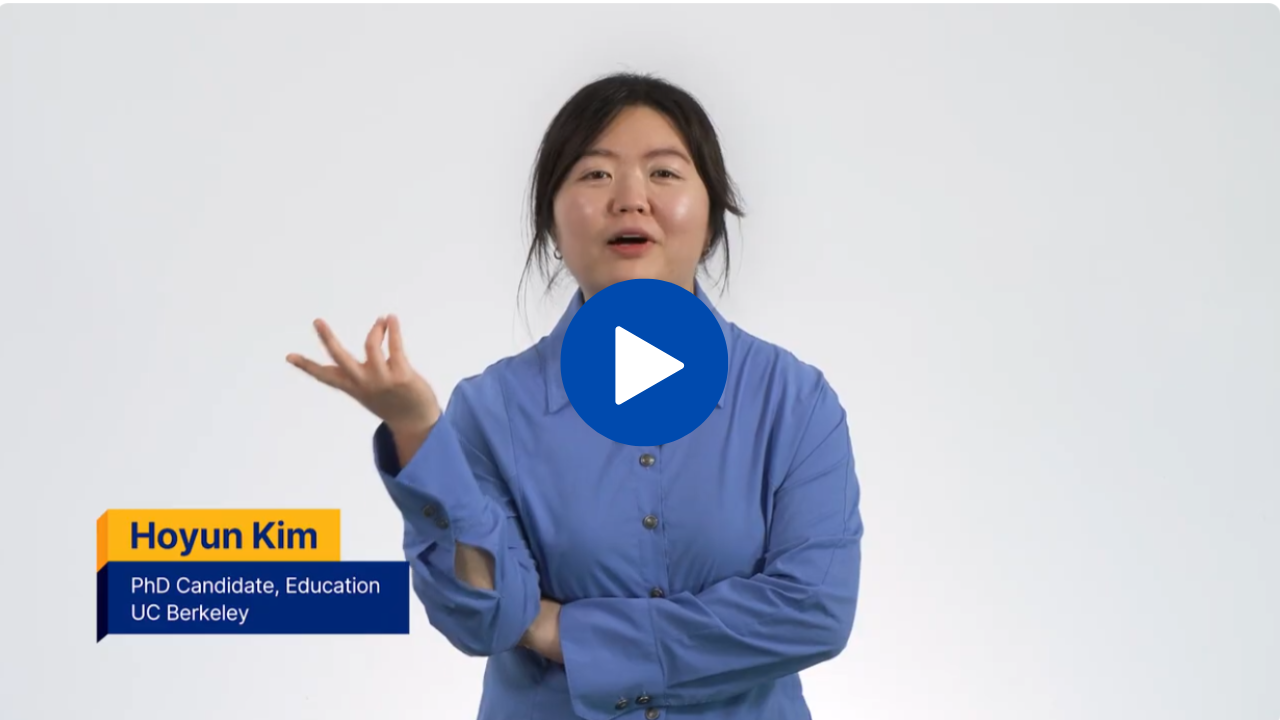 Hoyun Kim speaking with a play icon, her name and program of study displayed over the photo