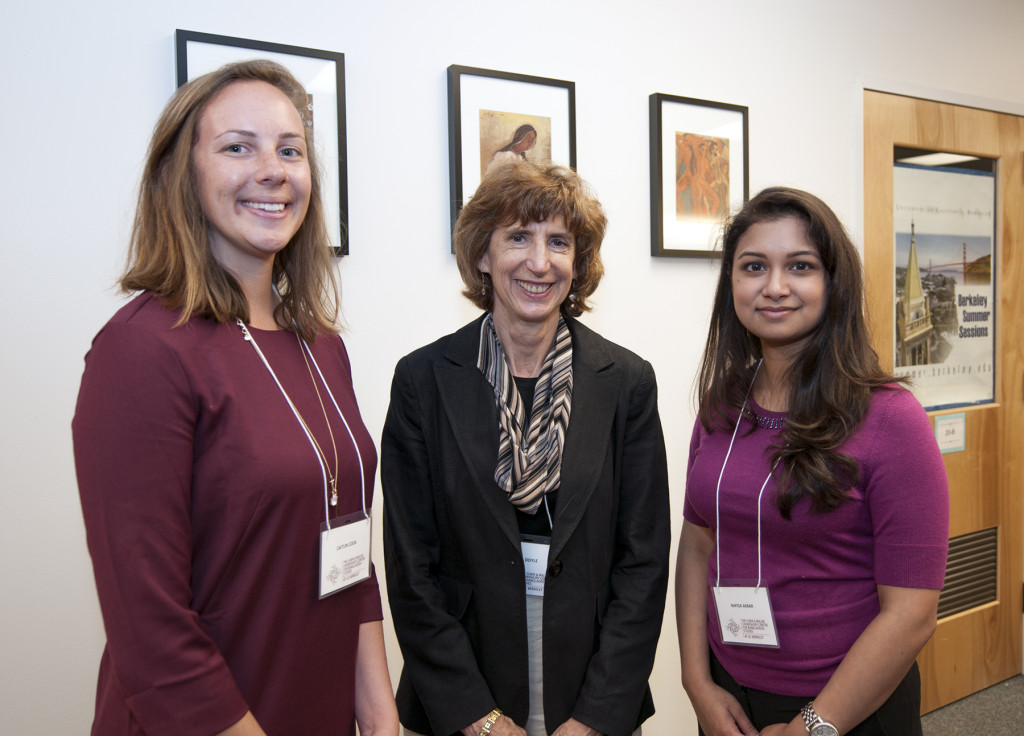 Chowdhury Fellows, Caitlin Cook (left) and Nafisa Akbar (right), with Dean Fiona Doyle. Photo by Keegan Houser