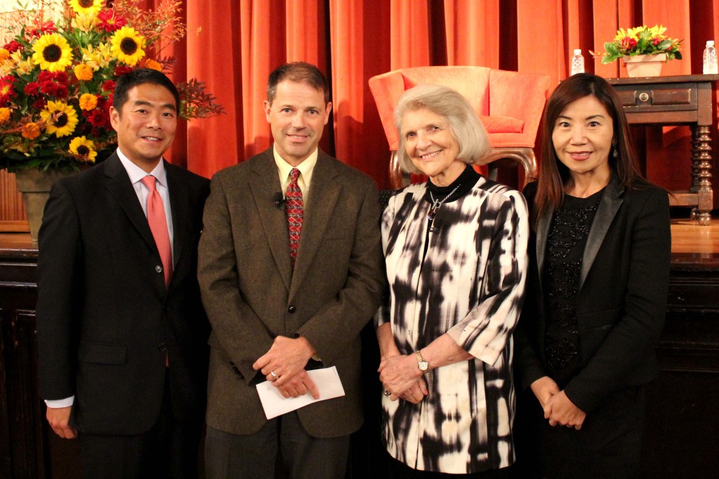 Harvey Lee, left, and Esther Ma, right, who provided support for the HarvEst Lecture Series, stand with Harriet Mayor Fulbright and Andrew Szeri