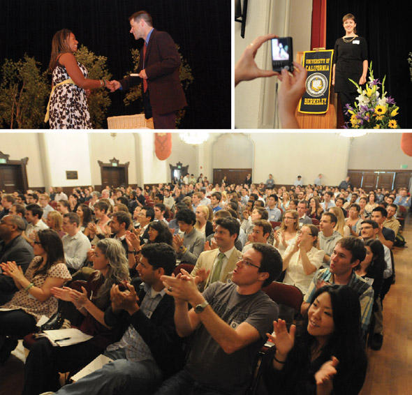 cluster of 3 images including a large crowd in Chevron Auditorium