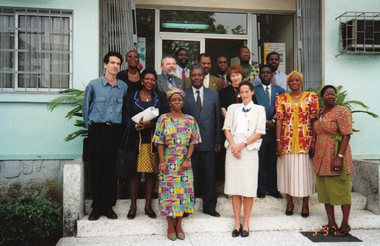 At the National Aids Control Programme (NACP) in Abidjan, Côte d'Ivoire with France's First Lady Danielle Mitterrand.