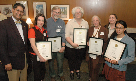 Thanks, coach: Former California Alumni Association president Nadesan Permaul congratulates 2006 winners (and one stand-in) for outstanding mentoring of GSIs as teachers. From left, Permaul; Michelle Douskey, lecturer in chemistry; John Hurst, professor of education; Rosemary Joyce, professor of anthropology; Janet Adelman, professor of English; Linda van Hoene, GSI Center director; and substituting for Pual Groth, professor of architecture, Sarah Lopez, Ph.D. student in architectural history (and 2005 OGSI Award winner). 
