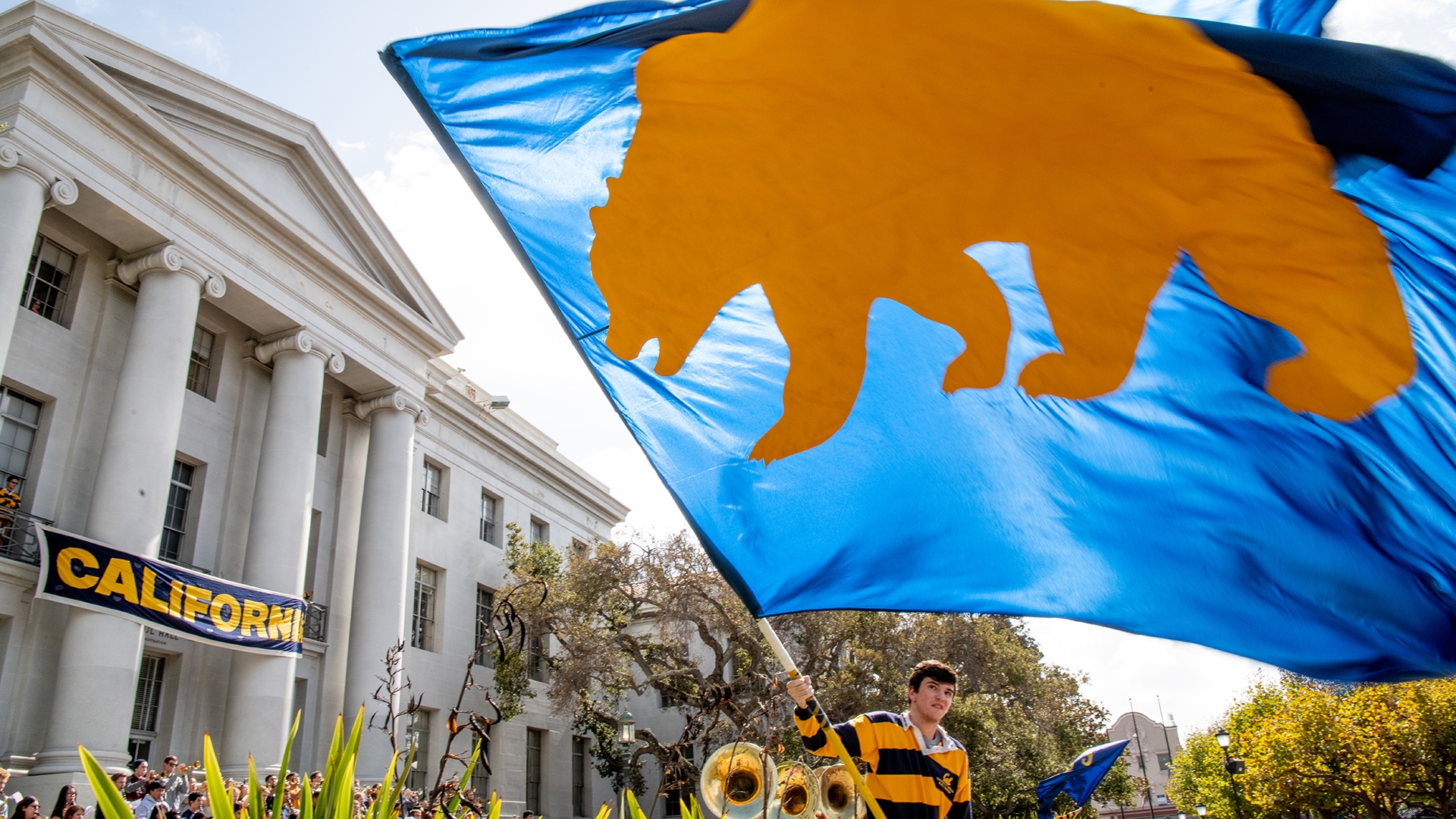 Student waving flag with Cali Golden Bear on it