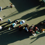 Aerial view of people waiting in line