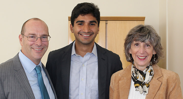 Director Craig Harwood, Paul & Daisy Soros Fellowships; Kaveh Danesh, recipient; and Fiona Doyle, Vice Provost for Graduate Studies and Dean of the Graduate Division