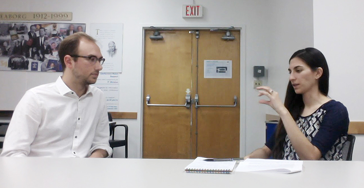 Laleh Cote interviewing Alex Droster at Berkeley Lab. 