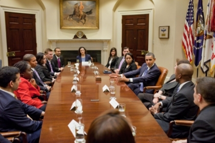 President Obama meets with White House Fellows in the Roosevelt Room