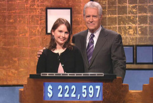 Right after the big win: Larissa Kelly and Jeopardy host Alex Trebek (photo courtesy of Jeopardy Productions)
